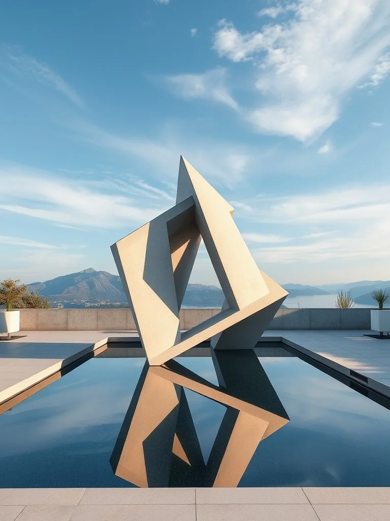 Modern abstract sculpture reflected in water with mountain and sky background.