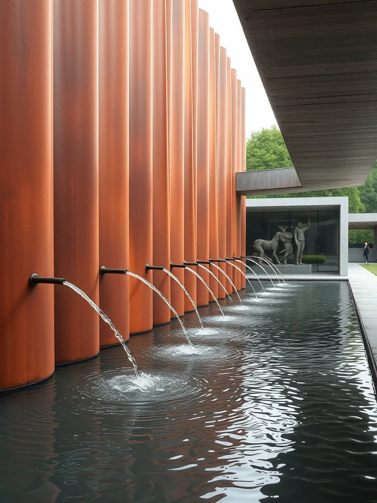 Modern building with orange cylindrical structures featuring water spouts, reflecting water feature, and a glass display case with sculptures inside.