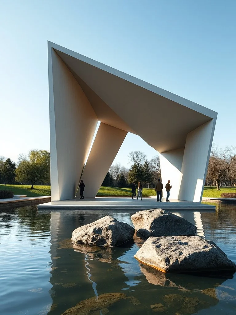 Modern white architectural structure with angular design, reflected in water with rocks in foreground, green park and trees in background.
