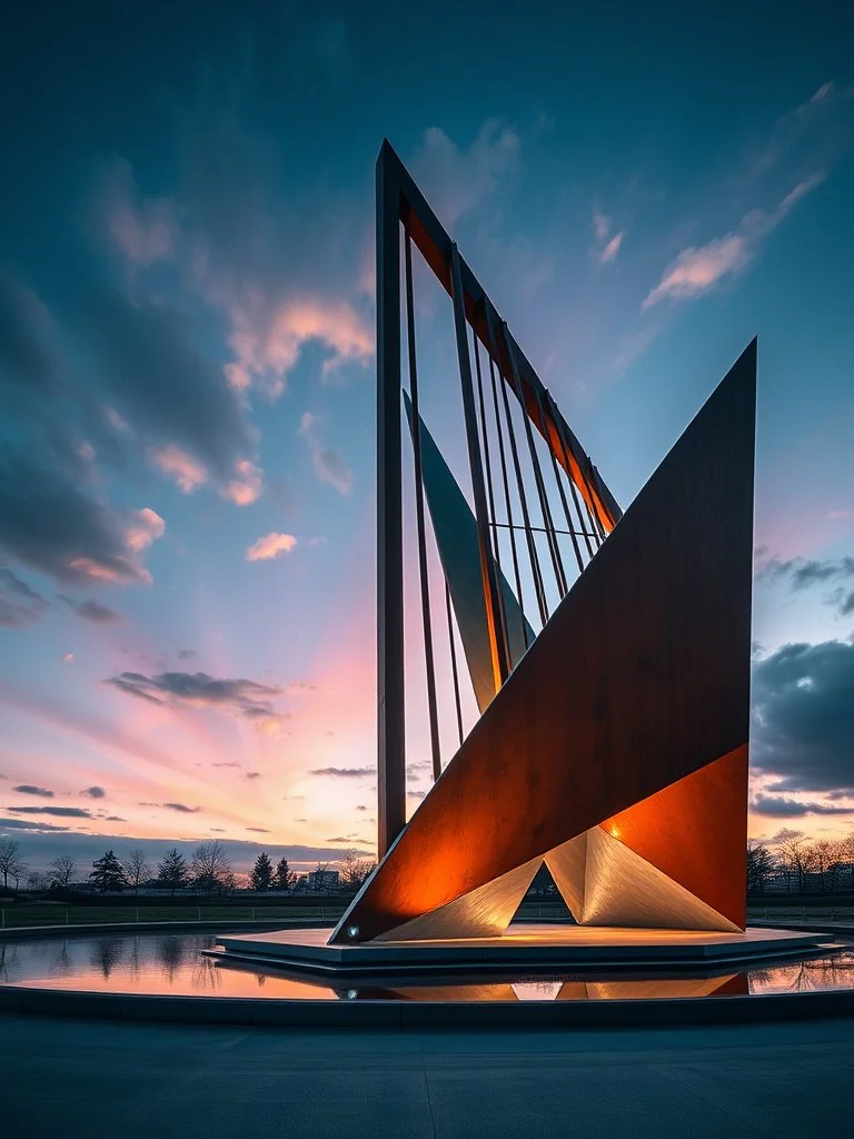 Modern abstract sculpture with geometric shapes, illuminated with warm lighting, positioned near a water feature, against a colorful sunset sky.