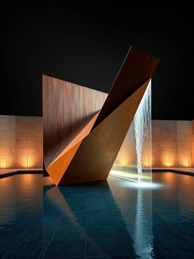 Night view of a modern outdoor water fountain with a large, rust-colored, geometric metal sculpture with water cascading from the upper edge, illuminated by warm lights on the surrounding stone wall.