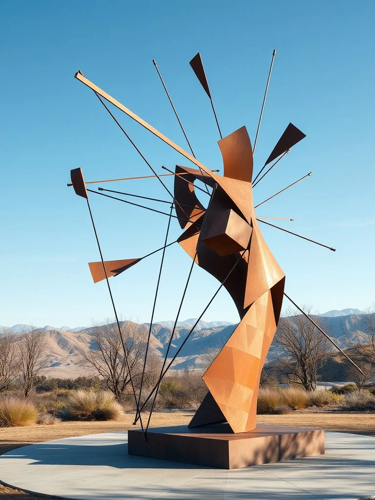 Abstract outdoor sculpture with geometric shapes and metal rods, set against a mountainous desert landscape with trees.