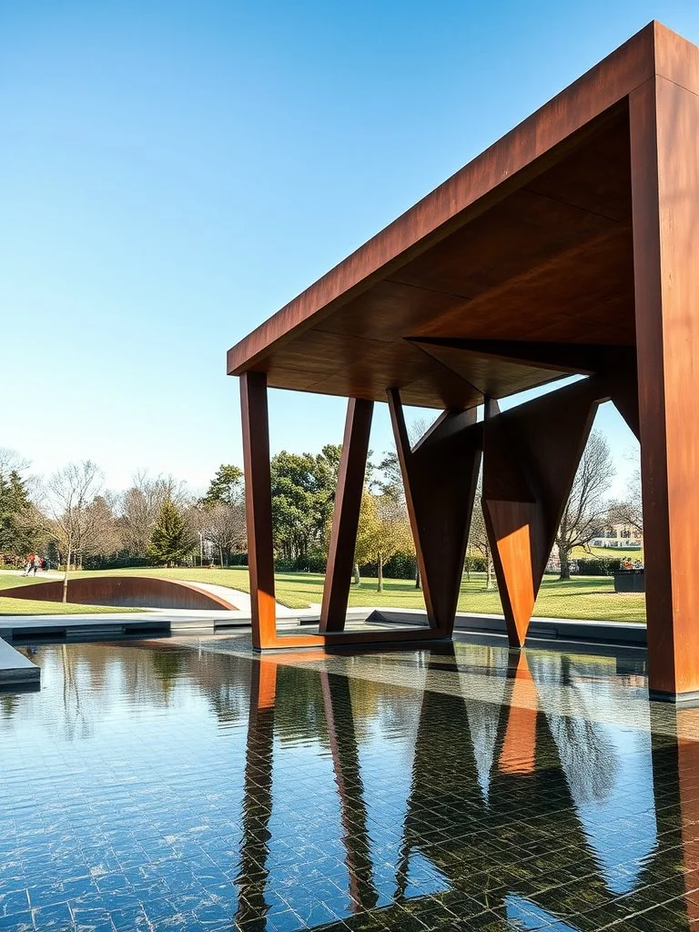 Modern outdoor sculpture with rusty metal structure reflecting in a shallow water feature, surrounded by a park with trees and grass.