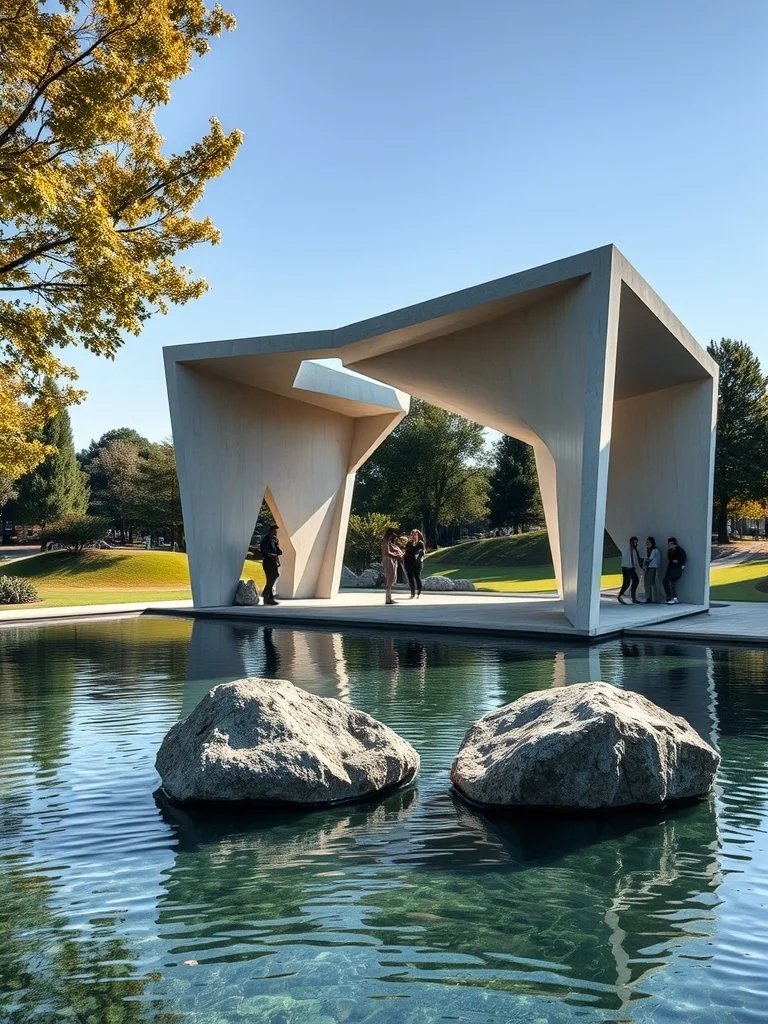 Modern outdoor pavilion with angular white concrete walls over a reflecting pool with two large rocks, surrounded by green trees and grass on a sunny day.