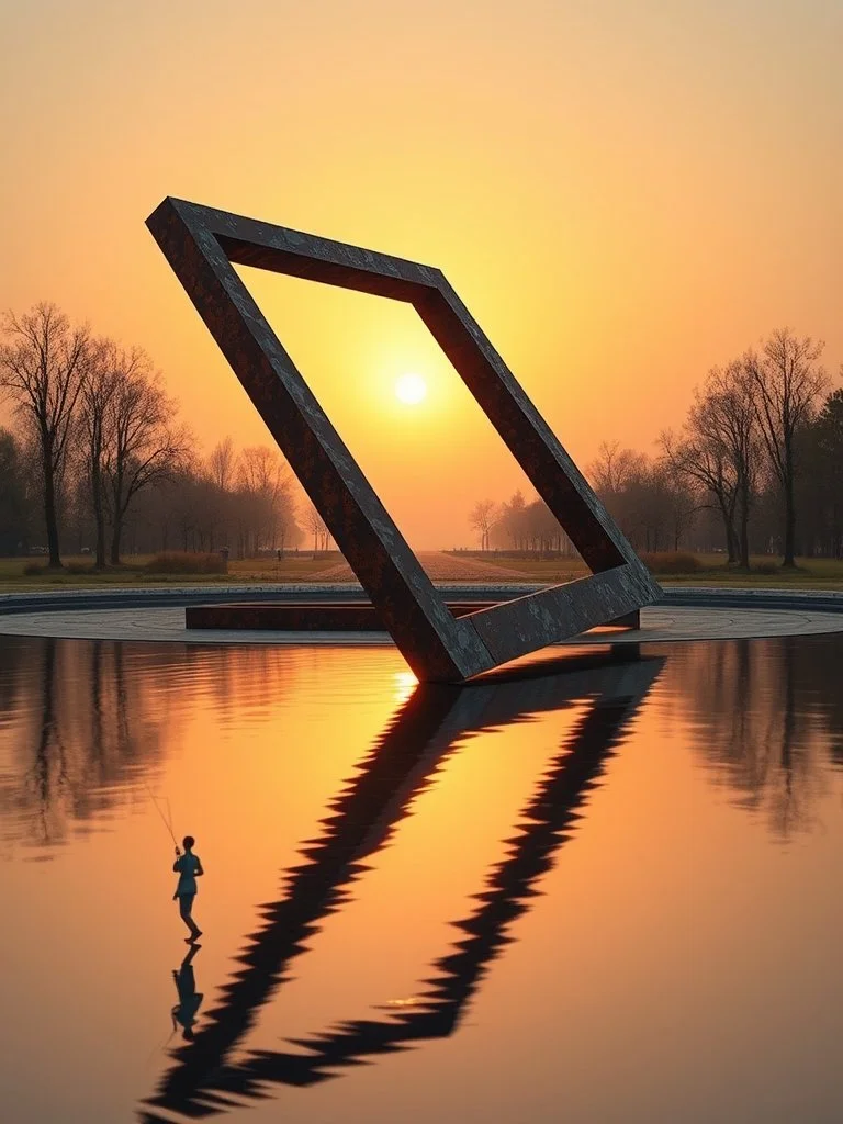 A large tilted square sculpture by a water fountain at sunset with a person fishing in the foreground