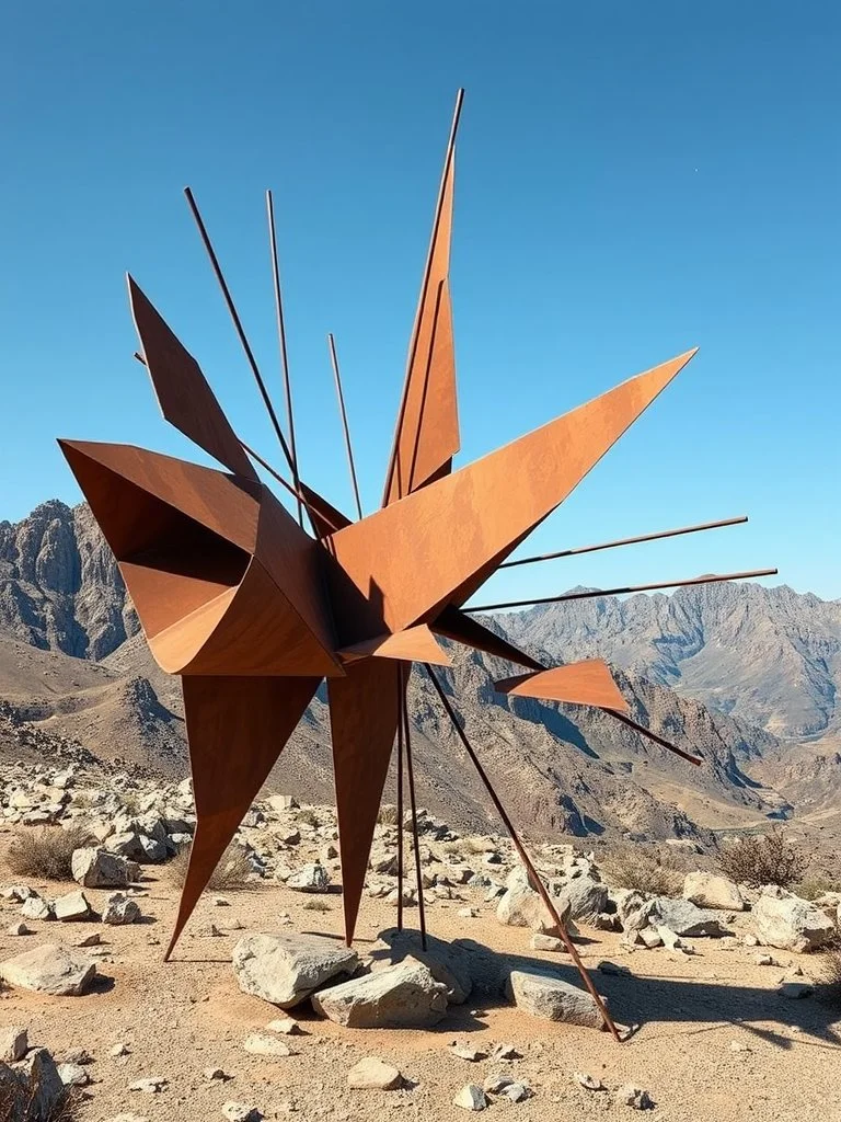 Abstract metal sculpture with pointed and angular shapes in a desert landscape, mountains in the background, under a clear blue sky.