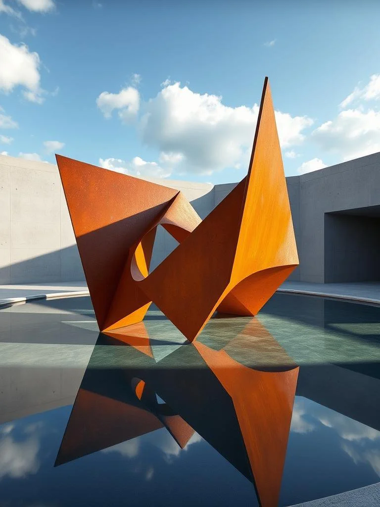 Abstract rust-colored metal sculpture reflecting in a pool, with a blue sky and white clouds in the background.