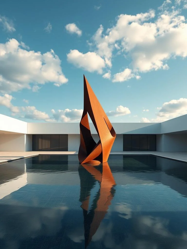 Modern outdoor space with a rectangular pool, a large abstract rust-colored sculpture, white building walls, and a partly cloudy sky.