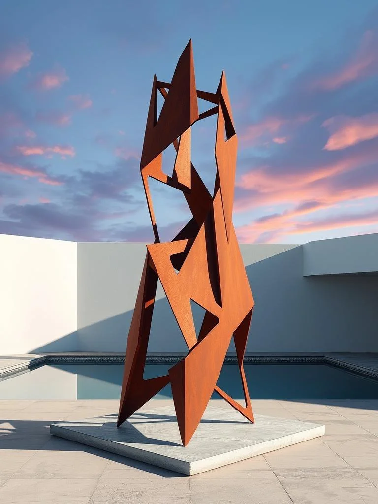 Abstract rust-colored metal sculpture with sharp geometric shapes, set on a white platform outdoors under a pastel pink and blue sky.