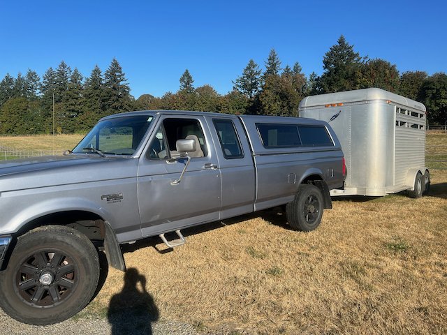 A silver pickup truck with a camper shell attached, parked on grassy land next to a small white horse trailer. Trees and a clear blue sky are in the background.