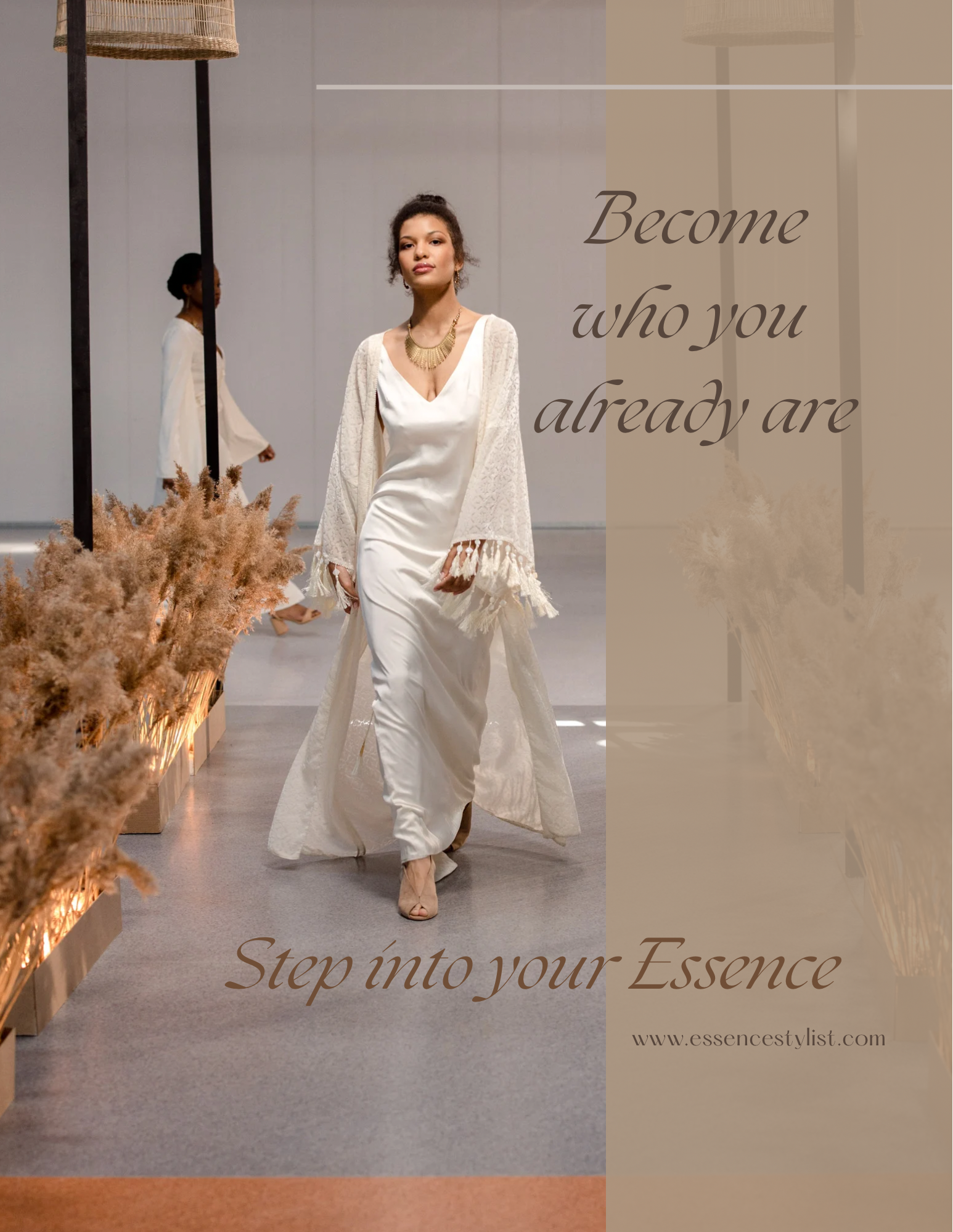 Model walking down runway in white dress and jacket, with beige heels, during a fashion show, with text overlay reading 'Become who you already are. Step into your Essence' and website URL