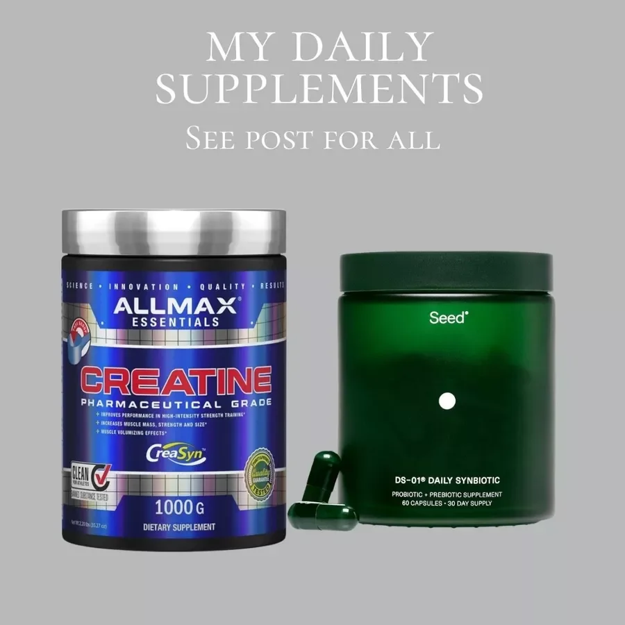 Container of Allmax Creatine and a jar of Seed daily synbiotic supplements on a gray background with text 'My Daily Supplements, See post for all'