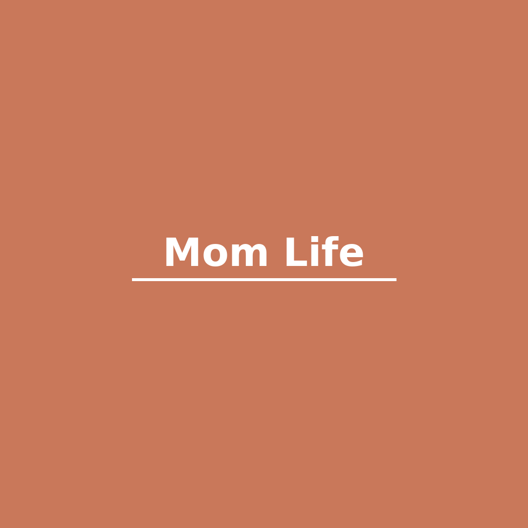 Graphic with a brown background and white text that says 'Mom Life' with a line underneath.