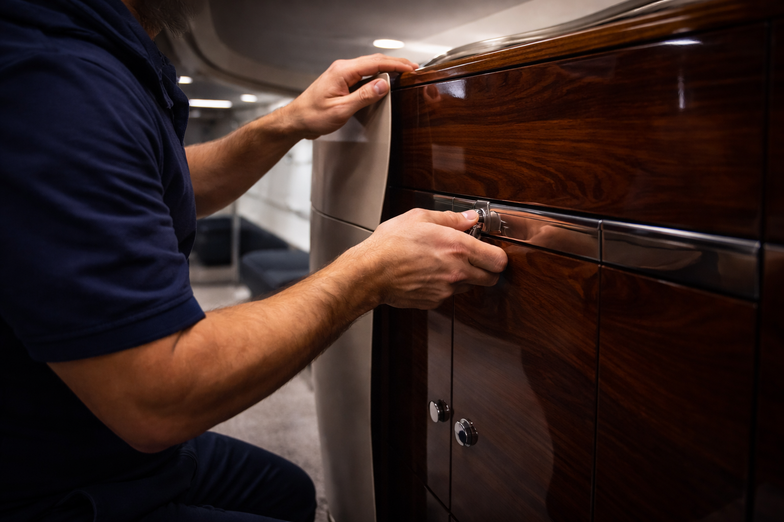 A person adjusting a control on a wood-paneled vintage or retro-style device, possibly a refrigerator or cabinet, in an indoor setting.