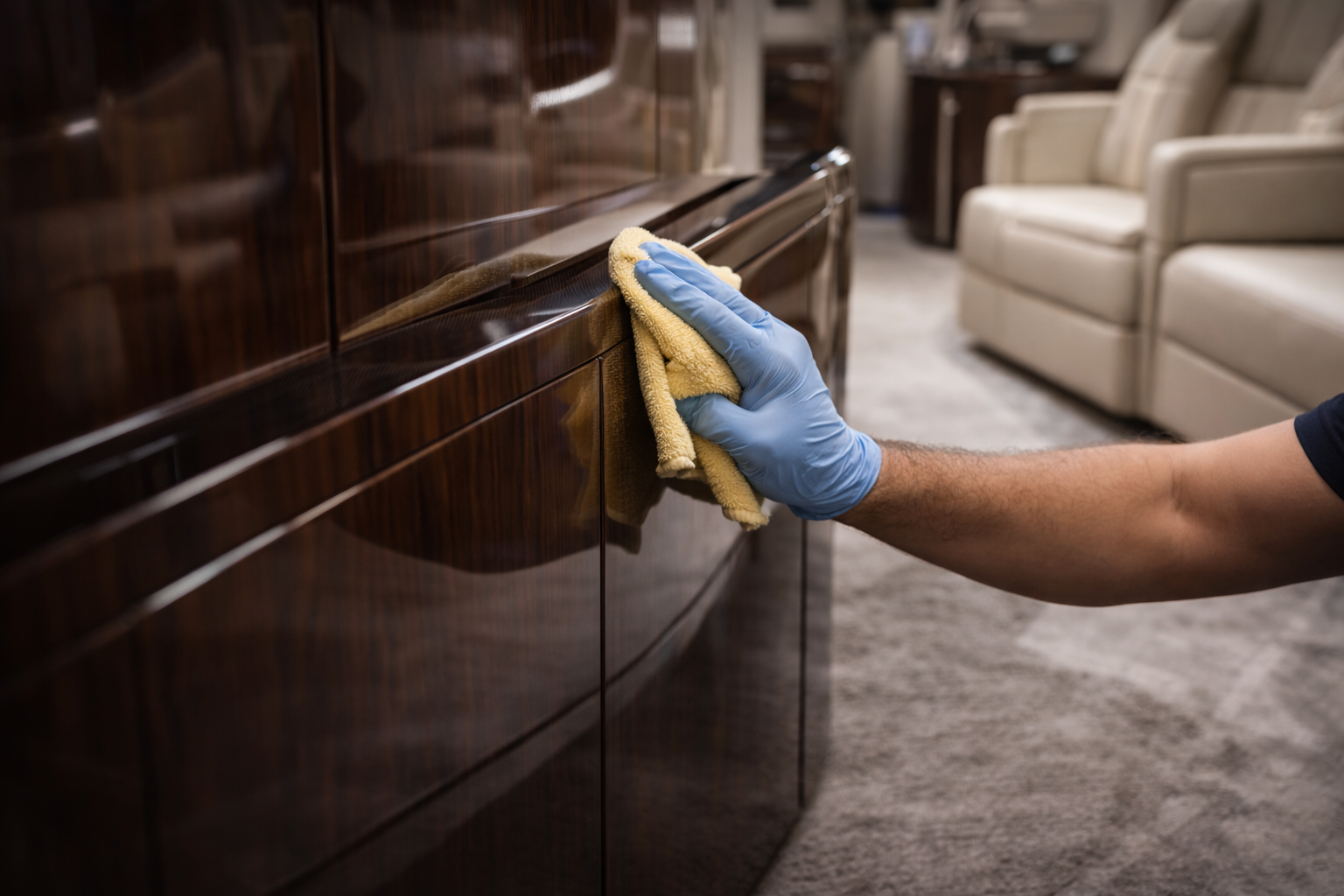 A person wearing a blue glove cleaning a wooden cabinet with a yellow cloth in a furniture store or showroom.