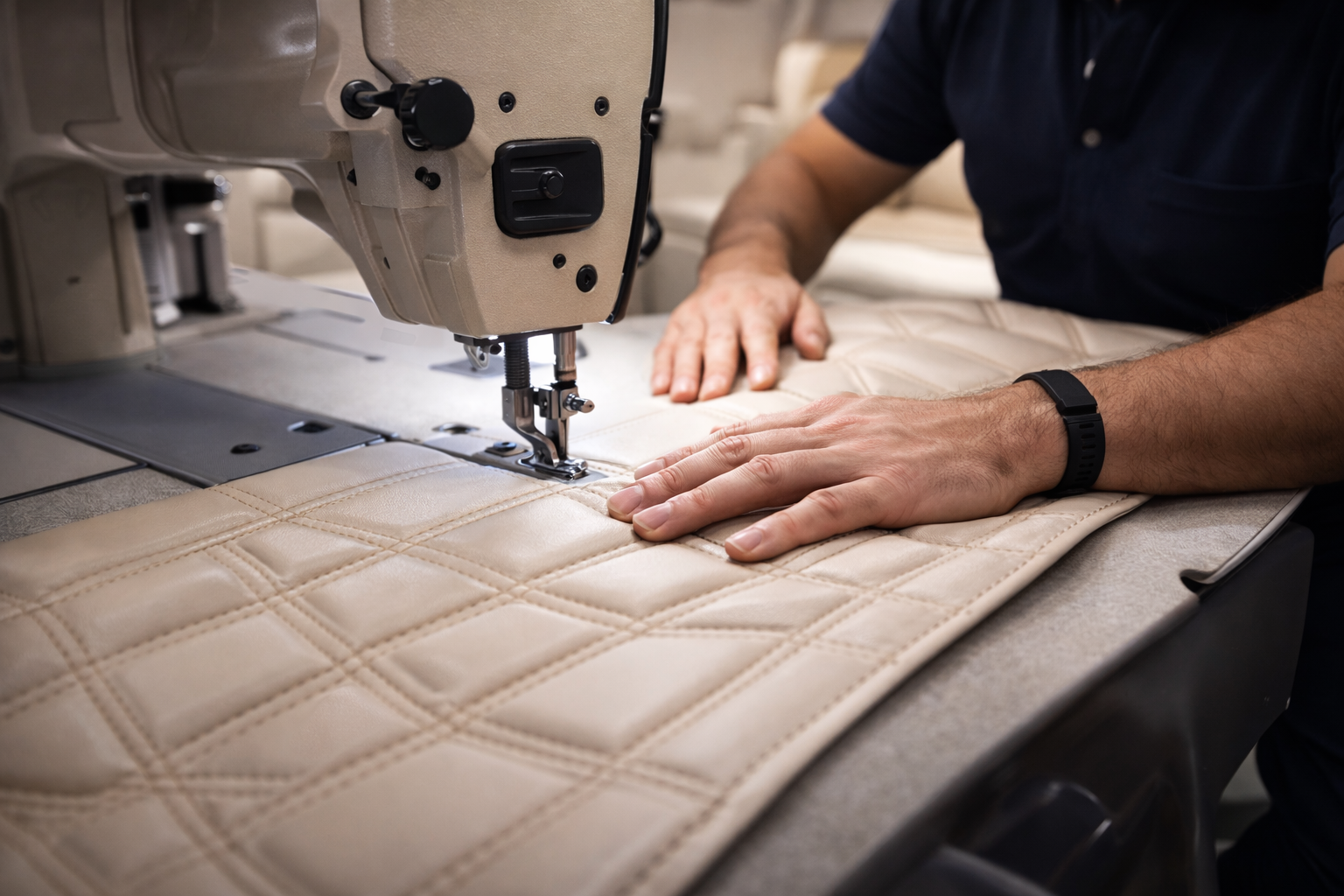 Person sewing a quilted fabric on a sewing machine.