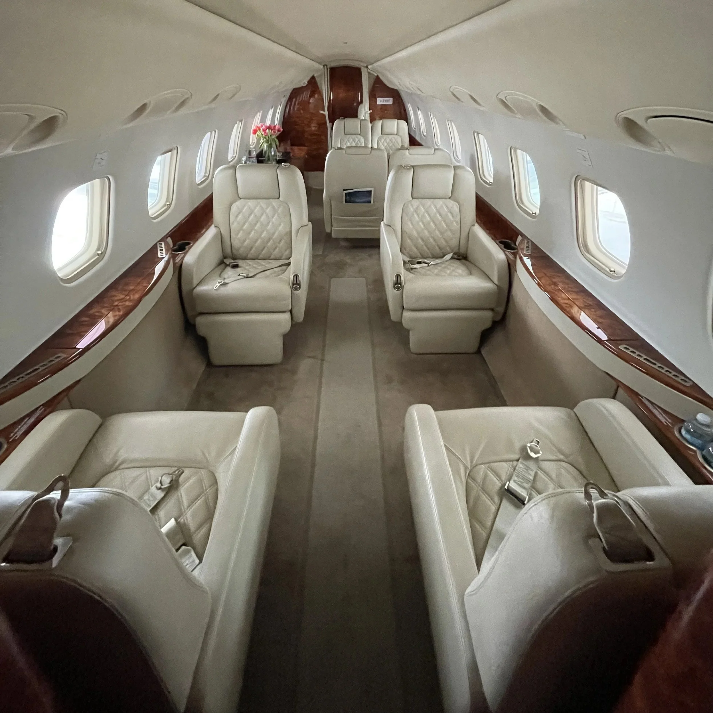 Interior of a private jet with seating area, multiple windows, and decorative items.