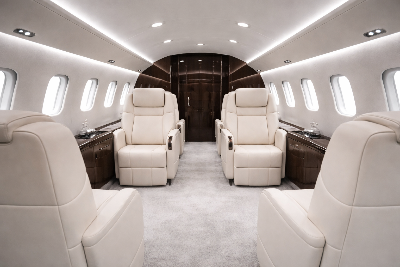 Interior of a private jet with cream-colored leather seats, small windows, and wood paneling.