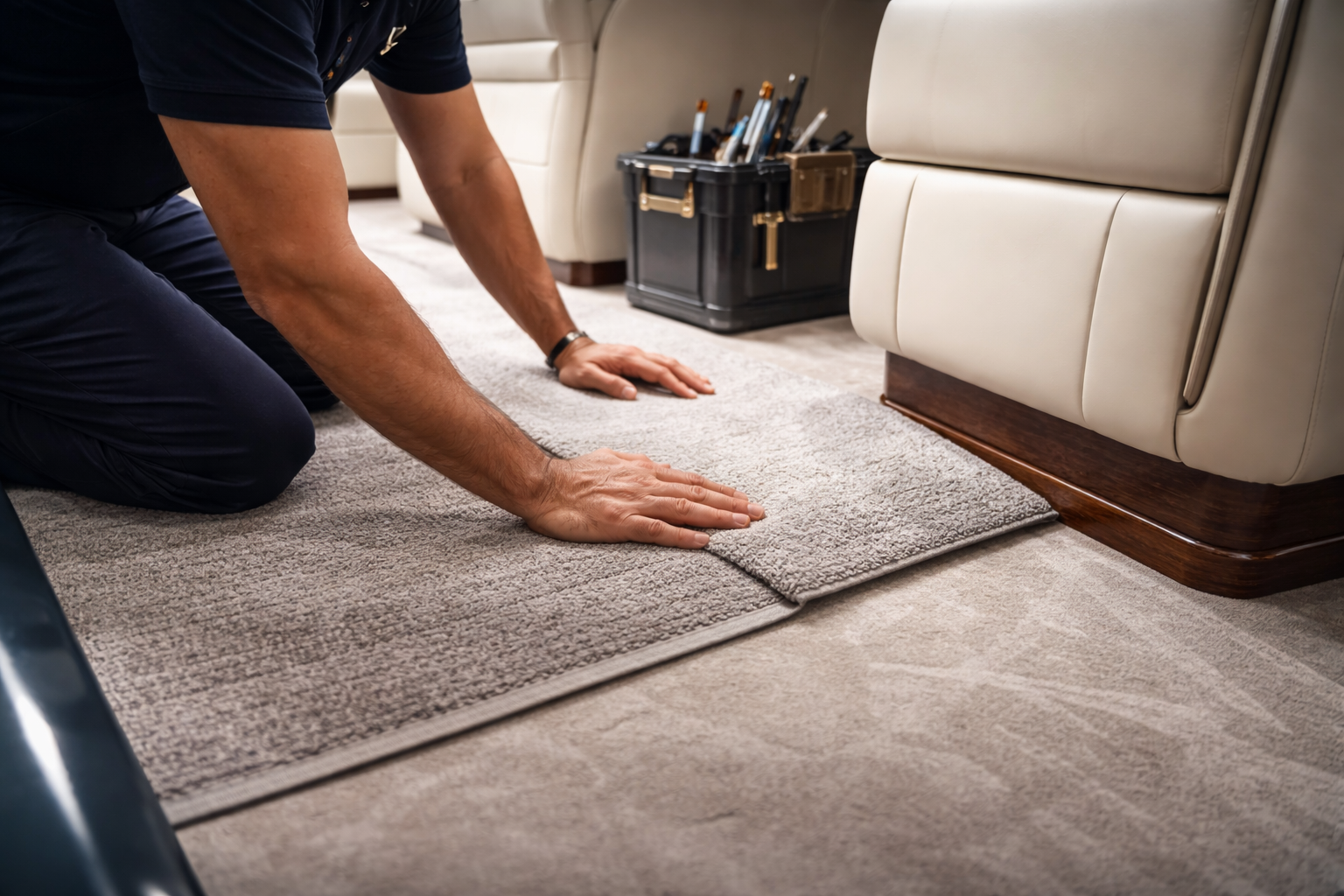 Person kneeling on a carpeted floor, cleaning or inspecting the area near a beige leather couch with a tool kit nearby.