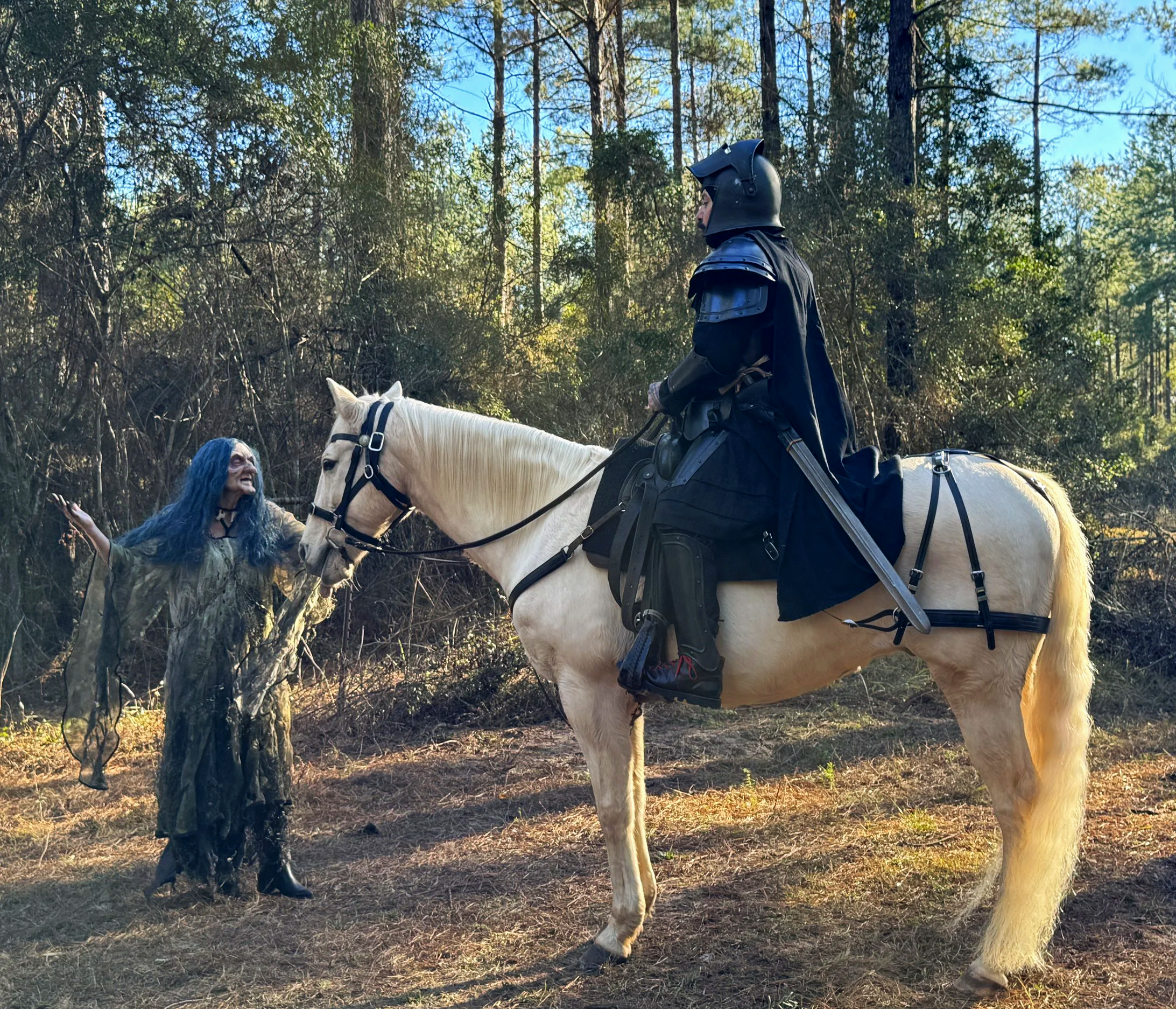 Forest scene from Duckboy – Excalibur featuring a performer in Basqo Bim’s distressed green dress facing a rider on a white horse.