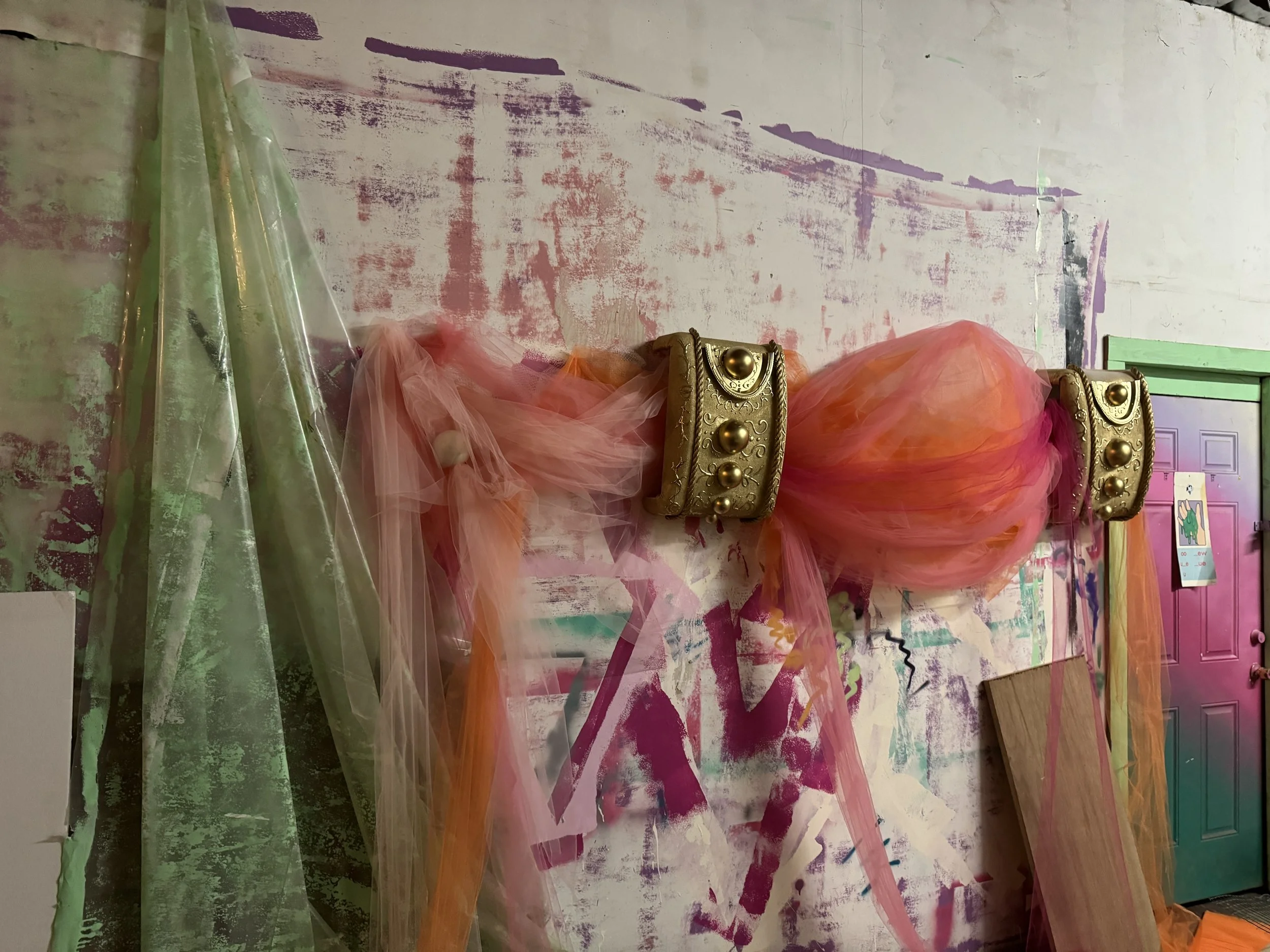 Tulle-wrapped sculptural element in progress for The Chloe Hotel installation.