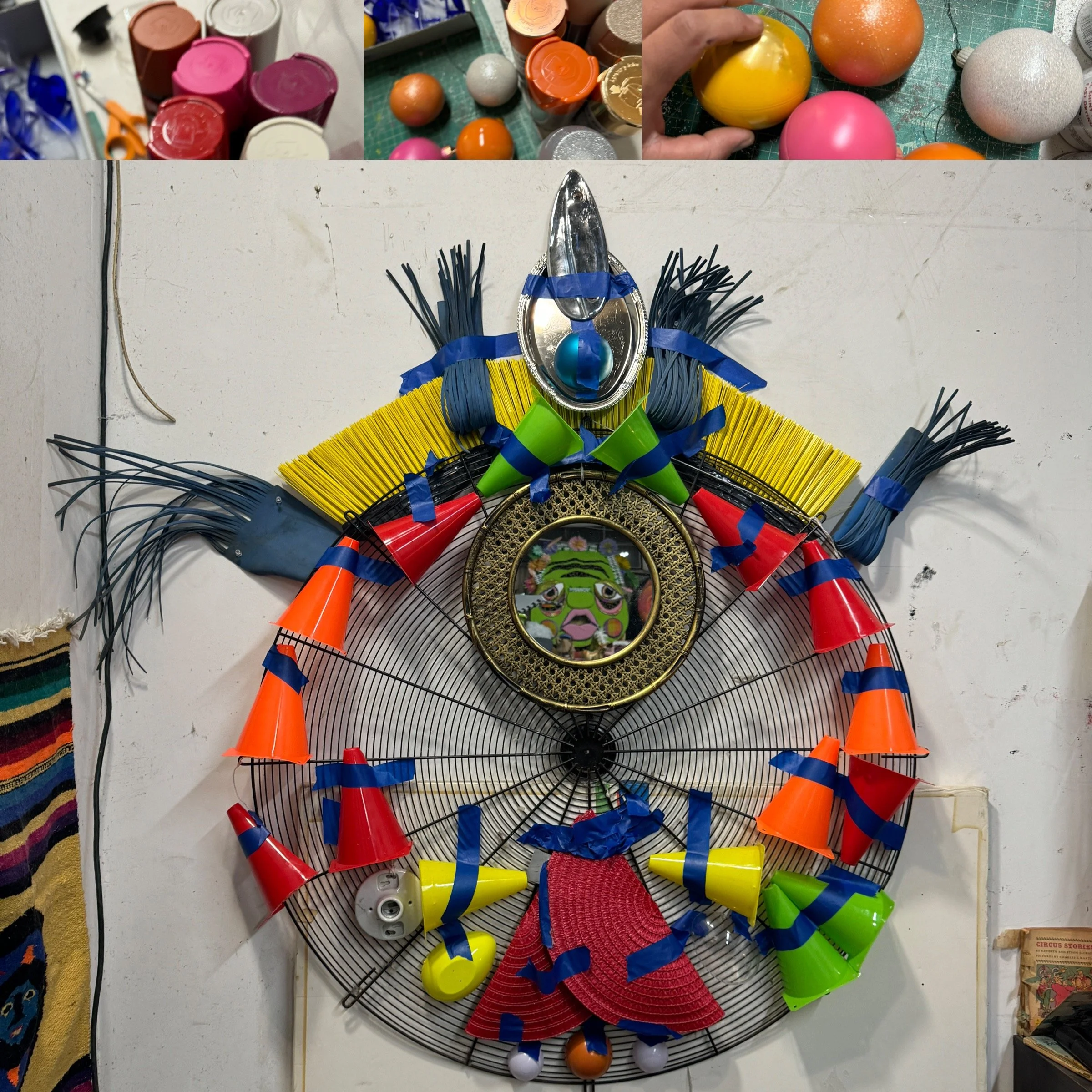 Circular sculptural element for The Chloe Hotel installation in progress, assembled from brightly colored cones, mirrors, and found materials.