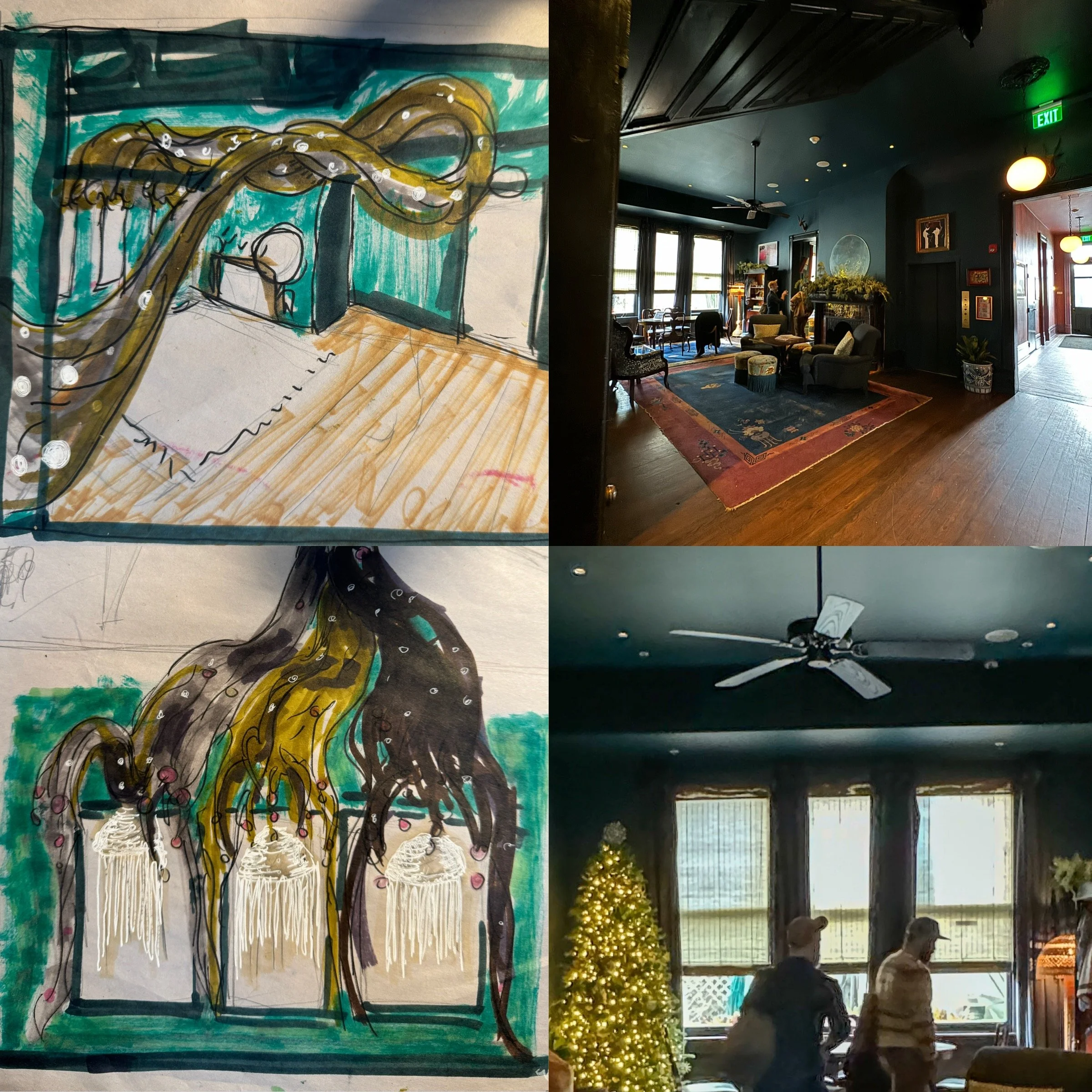 Concept sketch and interior reference view for The Chloe Hotel installation showing the lounge space and placement ideas.