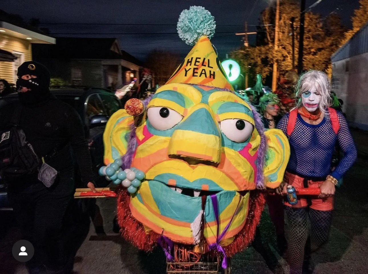 The Monster Parade in New Orleans. This backpack rig puppet, a giant Party Monster head, had to be tied to a shopping cart instead. It was too heavy after all that work! Big thanks to my friend D who helped me push it for the entire parade.