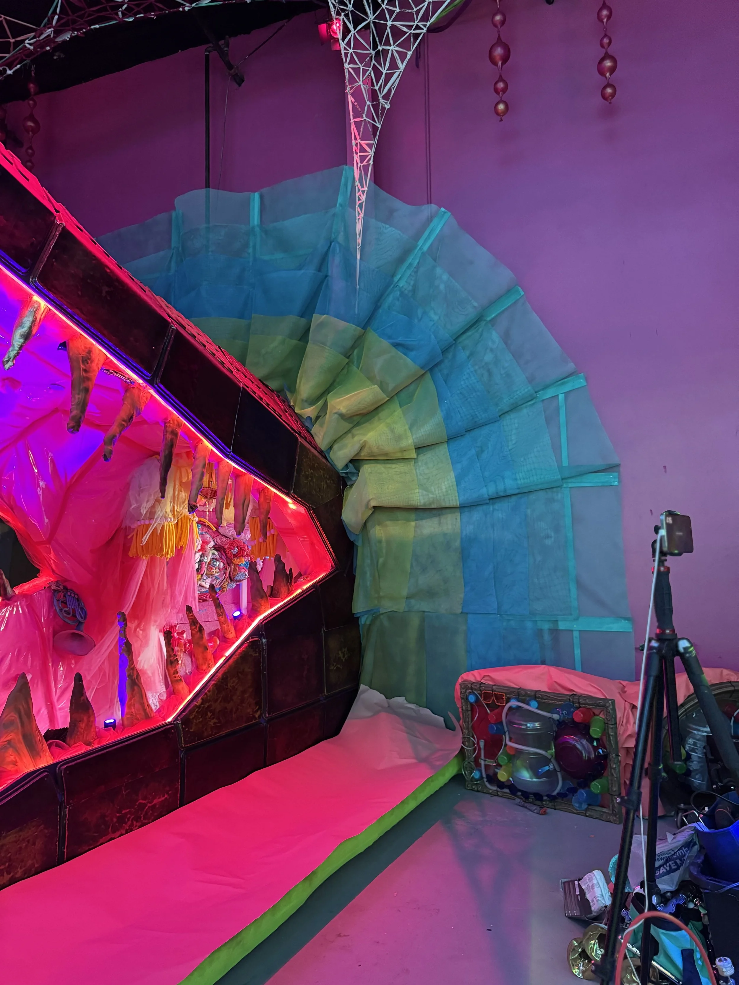 Side view of Tatán by Basqo Bim showing the large alligator-head structure, illuminated interior, and curved blue-green architectural form.