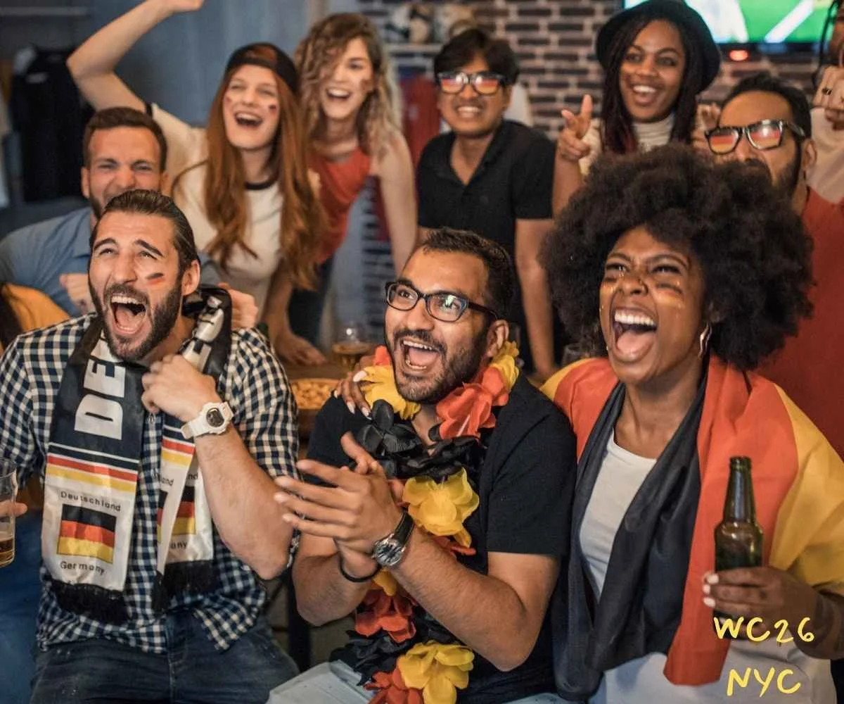 Fans cheering inside the best midtown manhattan world cup bar.
