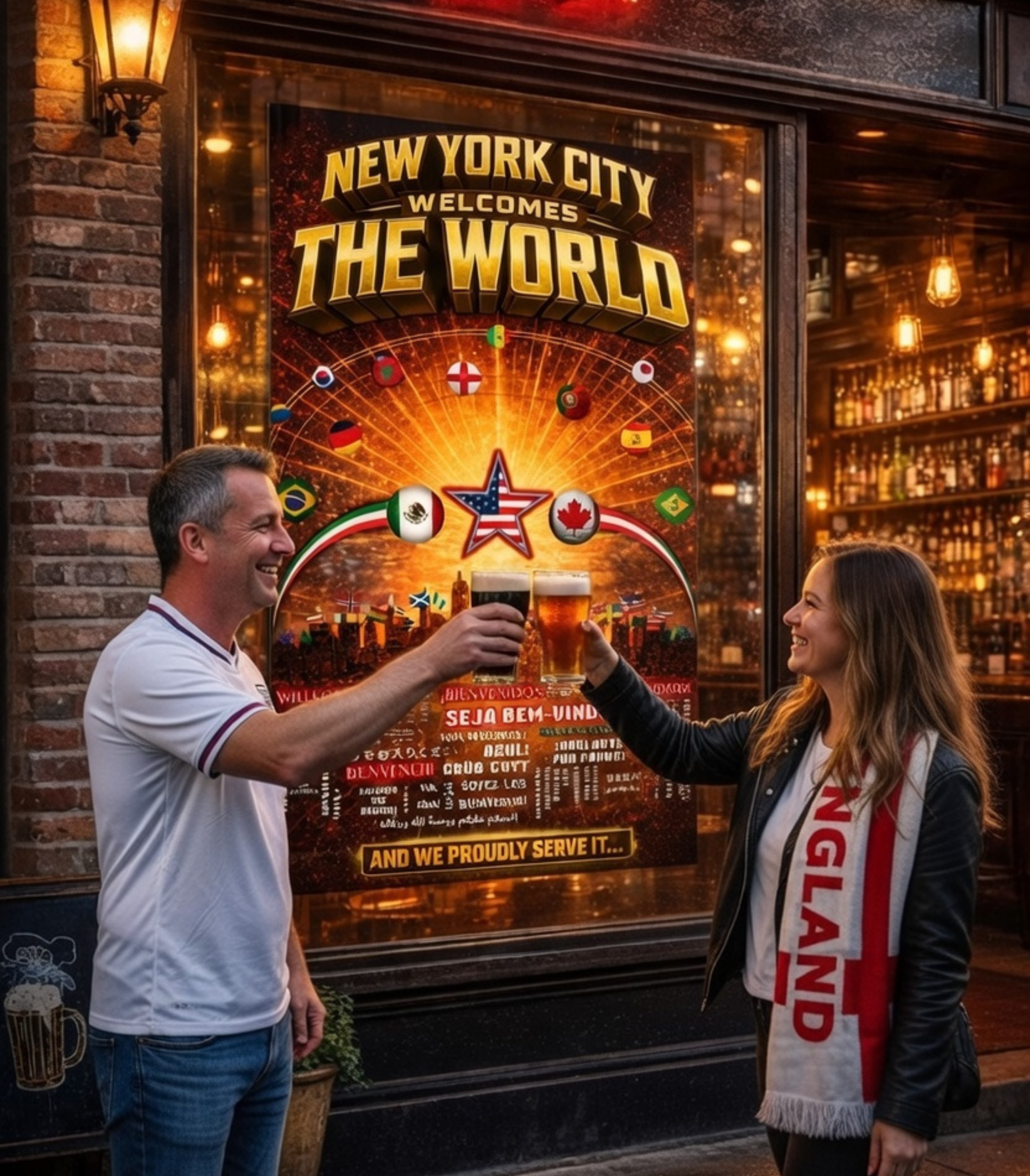 World Cup Street Traffic Event Size Hook Poster designed for street traffic and soccer fans to notice your bar. International soccer fan energy scene in New York City sports bar environment designed for World Cup watch party promotions
