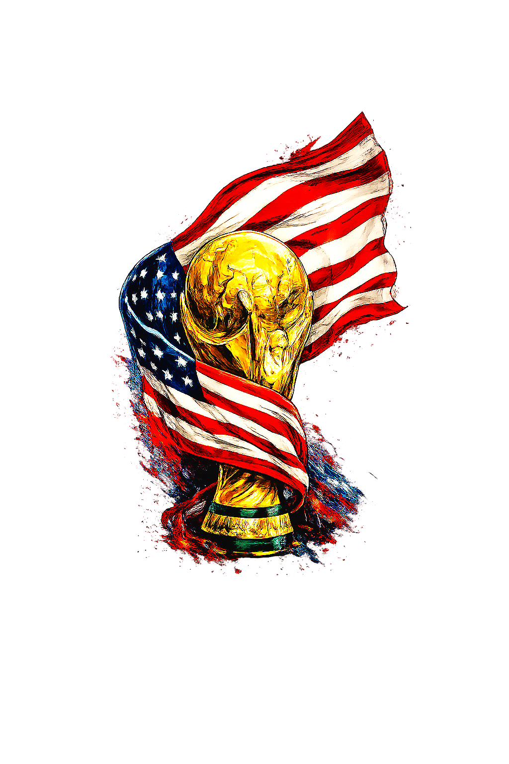World Cup trophy wrapped in United States flag graphic for World Cup sports bar marketing displays and patriotic match viewing event atmosphere setup
