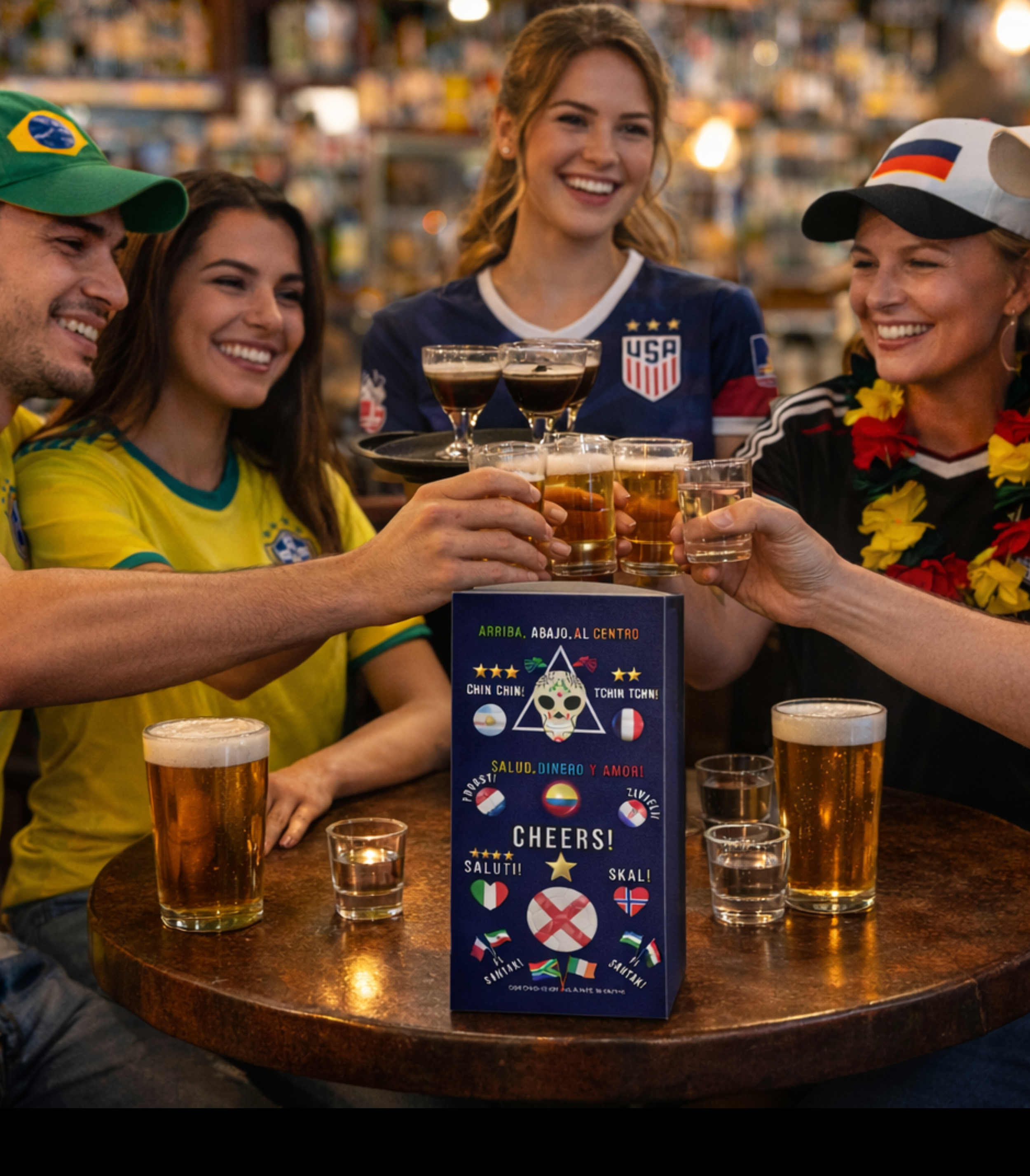 International soccer fan energy scene in New York City sports bar environment designed for World Cup watch party promotions and themed atmosphere