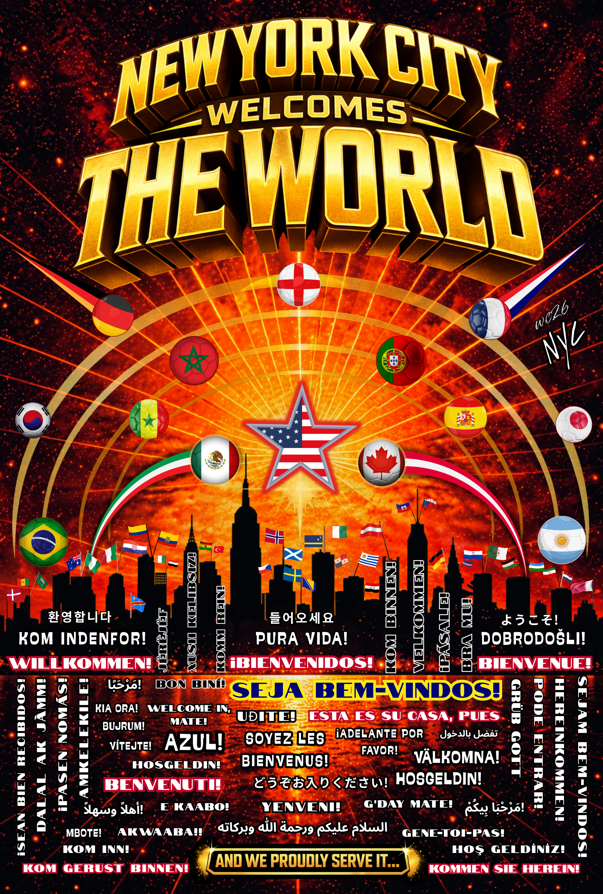 NYC Welcomes the World poster; the superior hospitality alternative to the Welcome World Rewards Program for Manhattan venues. Best Soccer or Football Bar  Midtown Manhattan