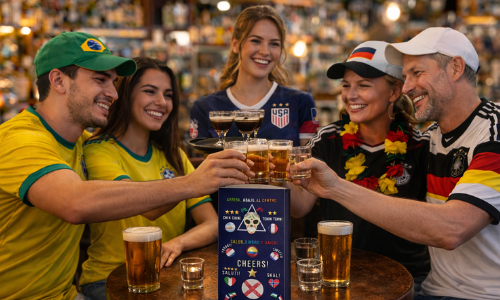 Cheers vertical table talkers for NYC soccer bars. A Manhattan bar's World Cup playbook. New York City Welcomes the World.