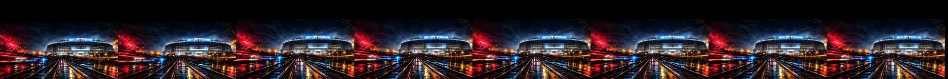 Nighttime view of a cityscape with Allegiant Stadium in the background, illuminated by colorful lights.