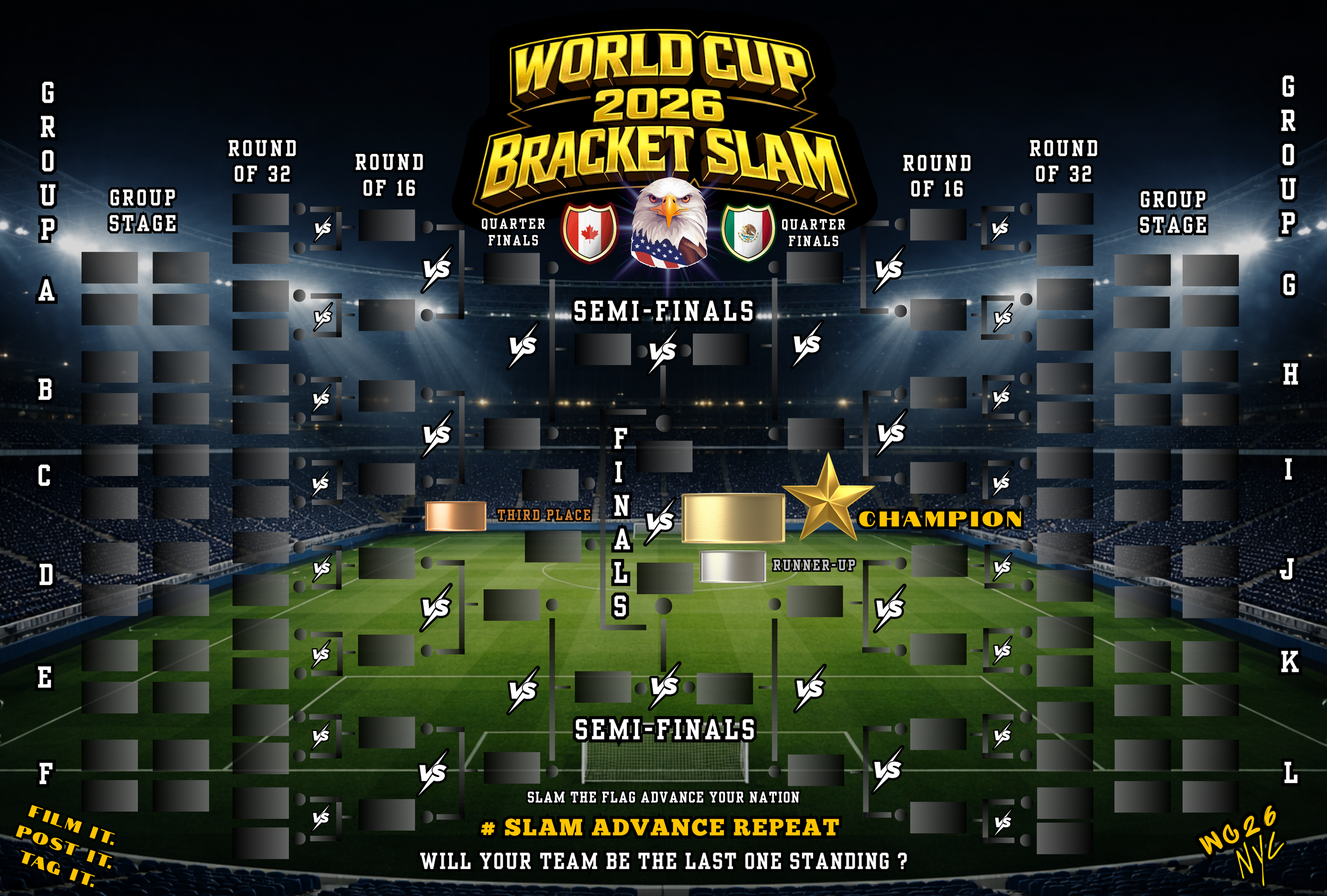 48-nation 2026 World Cup Bracket Slam on 5mm PVC for Manhattan bars. Professional tournament tracker with repositionable vinyl flag stickers for NYC World Cup watch party venues.