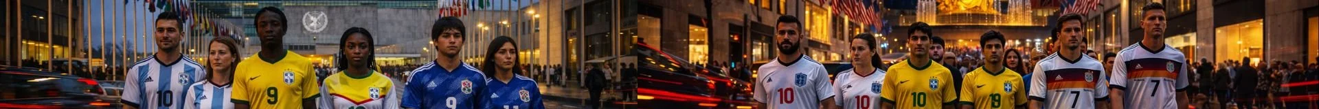 International soccer players in team jerseys walking through New York City night street scene with Forever Happens Here branding for World Cup 2026 sports bar promotion theme