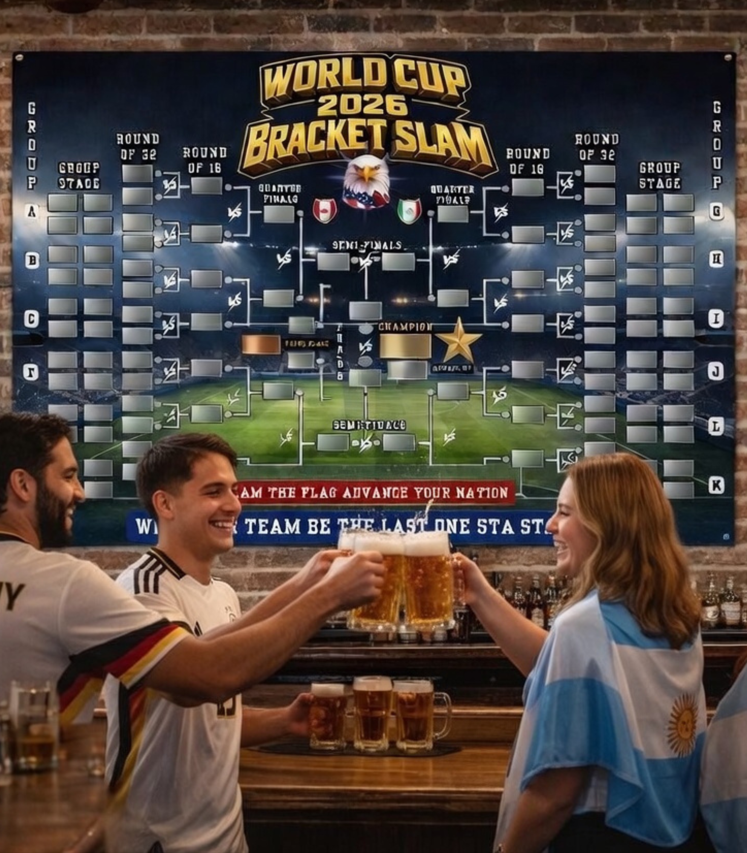 Fifa 2026 World Cup Bracket Poster that's updateable with vinyl flag stickers.International soccer fan energy scene in New York City sports bar environment designed for World Cup watch party promotions and themed atmosphere