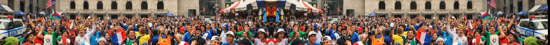 Large international soccer fan crowd celebration in New York City street scene used for World Cup 2026 sports bar promotion atmosphere and global watch party energy theme