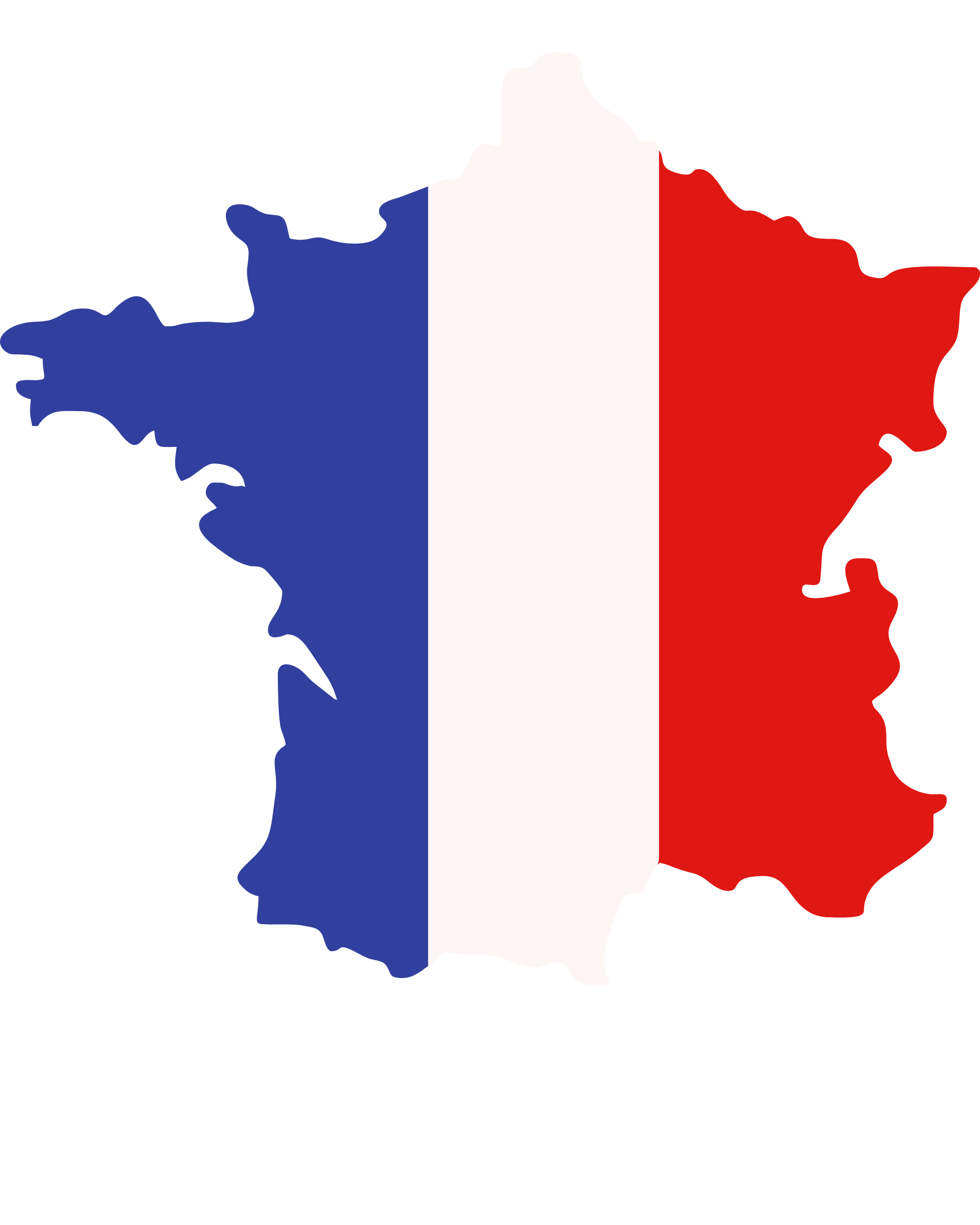 Map of France filled with the French flag colors: blue on the left, white in the middle, and red on the right.