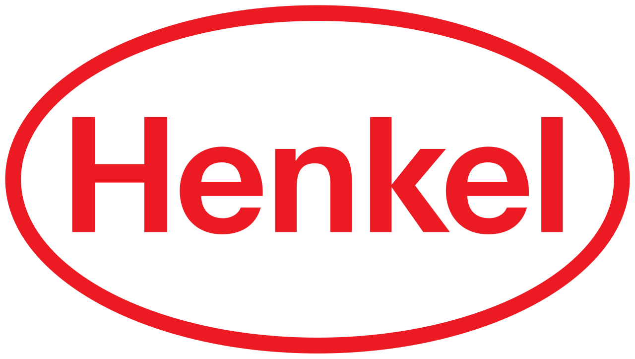 Henkel logo with red text inside an oval shape with a red border