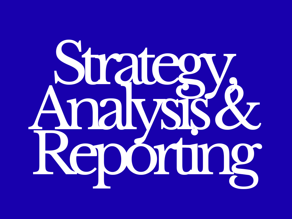 Text reading 'Strategy & Analysis & Reporting' on a blue background.