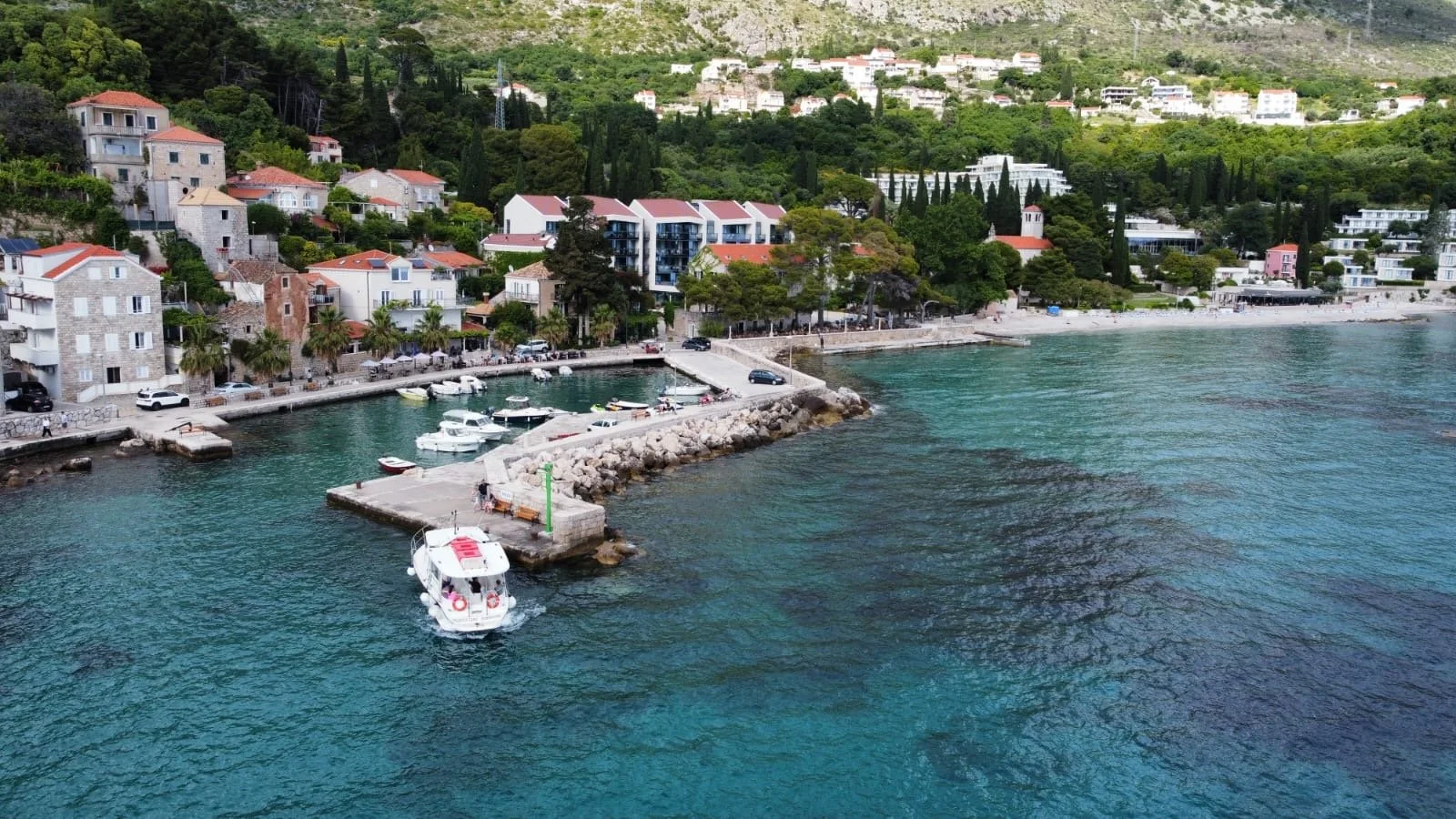 A coastal scene with colorful houses lining the shore, a small marina with boats docked, and a hillside covered in greenery and trees in the background.