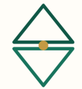 Geometric abstract design with a green triangle above and inverted triangle below, connected by a gold circle in the center.