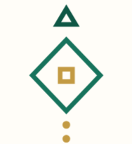 Abstract geometric design with a green triangle at the top, a large green diamond shape with a gold square inside, and a vertical line of three small gold dots below.
