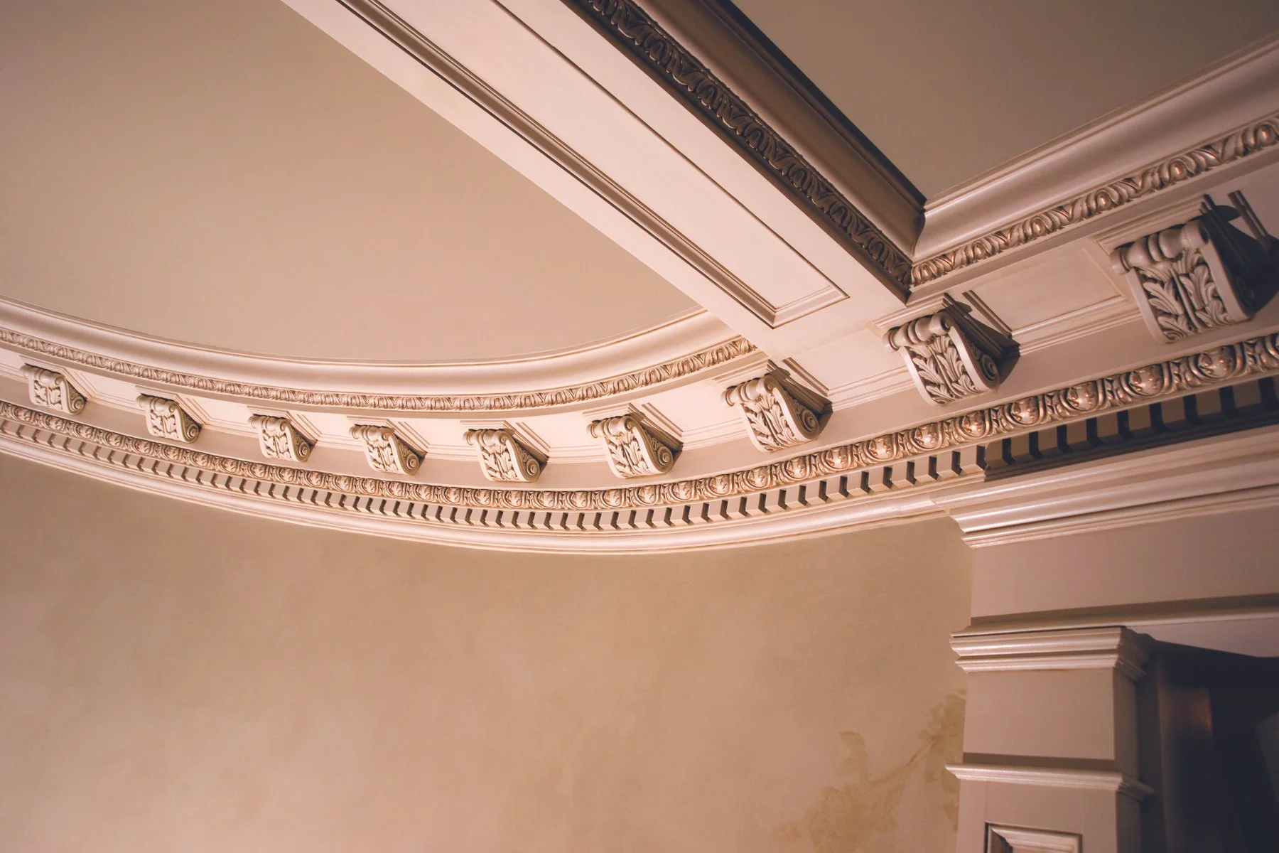 Close-up view of ornate crown molding and decorative ceiling trim in a room with beige walls.