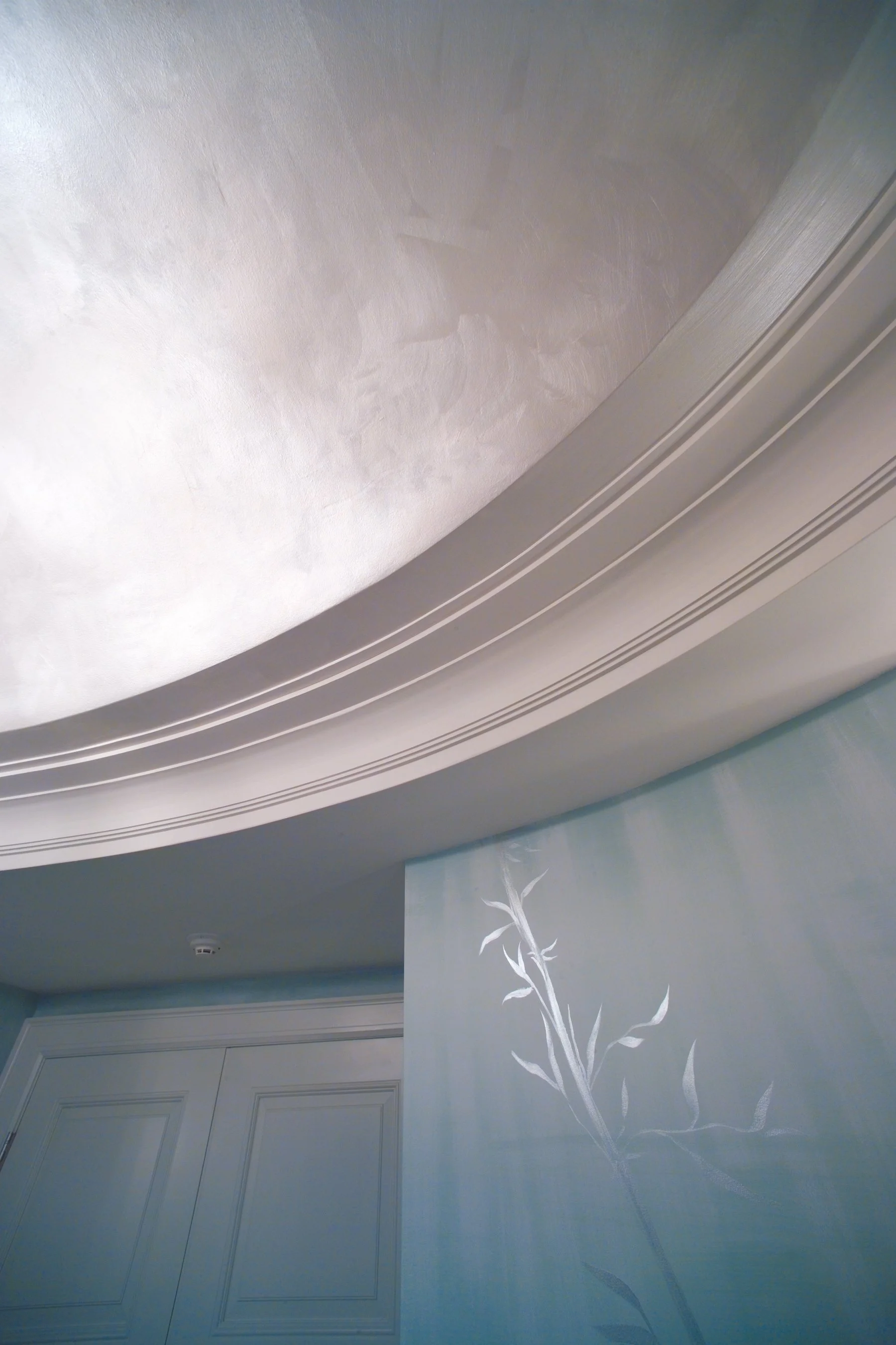 Ceiling with decorative crown molding and painted wall with a white floral design.