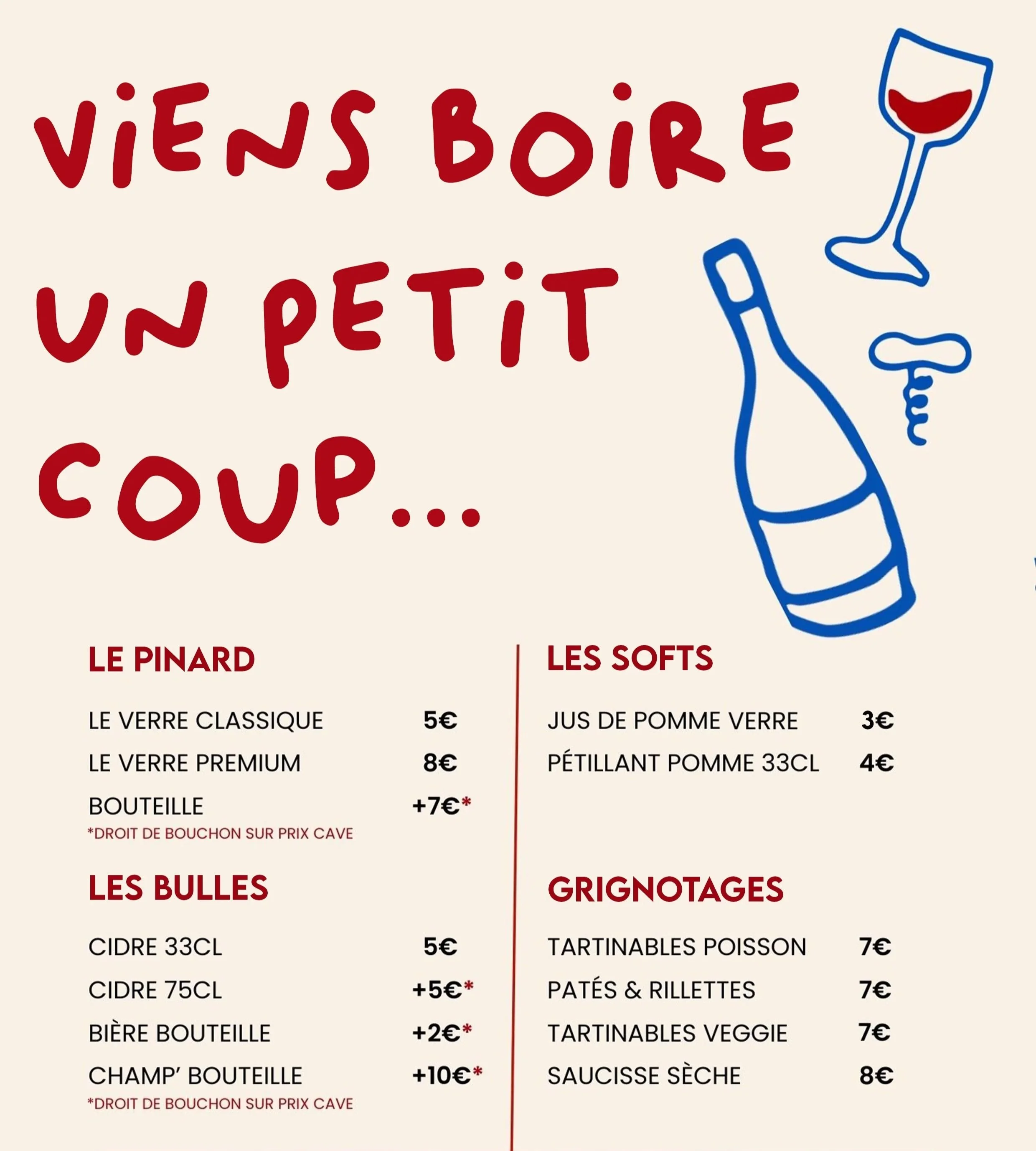 Menu  Pinard,  Bulles,  Softs, Grignotages, affichant des prix, avec illustrations de verre de vin, bouteille, verre de cidre, bière, et assiettes pour les grignotages dans la ville de Vernon à côté de Giverny dans l'Eure en Normandie