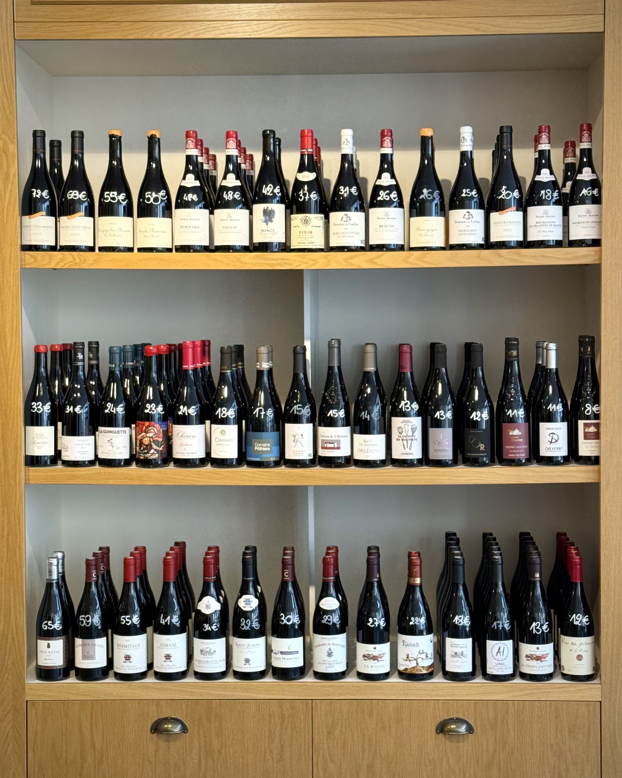 Étagère en bois avec trois rangées de bouteilles de vin, chaque bouteille a un prix écrit dessus, organisation par catégorie ou prix.